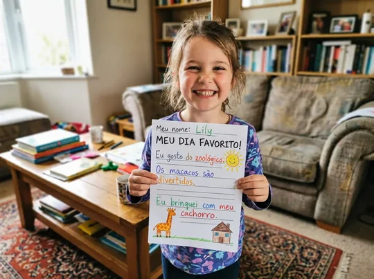 Lucas mostrando com orgulho sua folha de atividades concluída