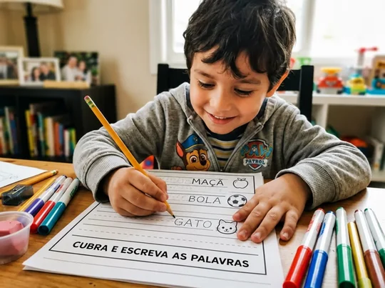 Joaquín concentrado praticando traçados e sílabas
