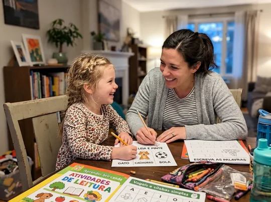 Pai e filho fazendo atividades de leitura juntos