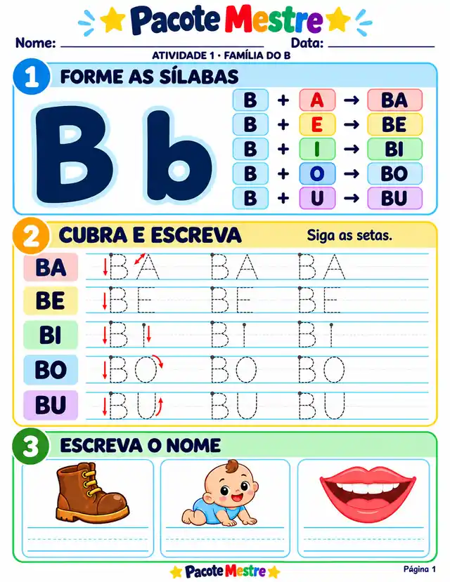 Exemplo de ficha com a letra B, figuras e formação de sílabas
