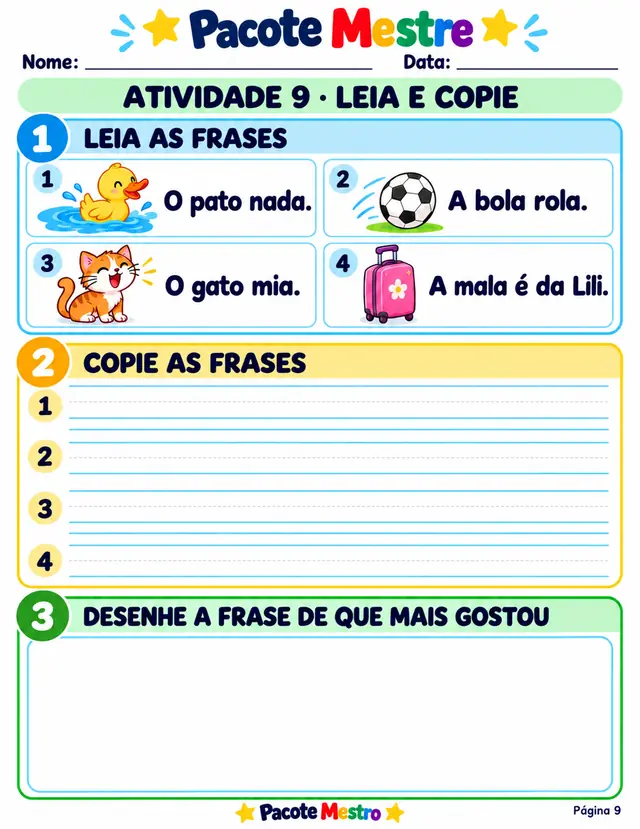 Exemplo de ficha de leitura de palavras e frases com imagens